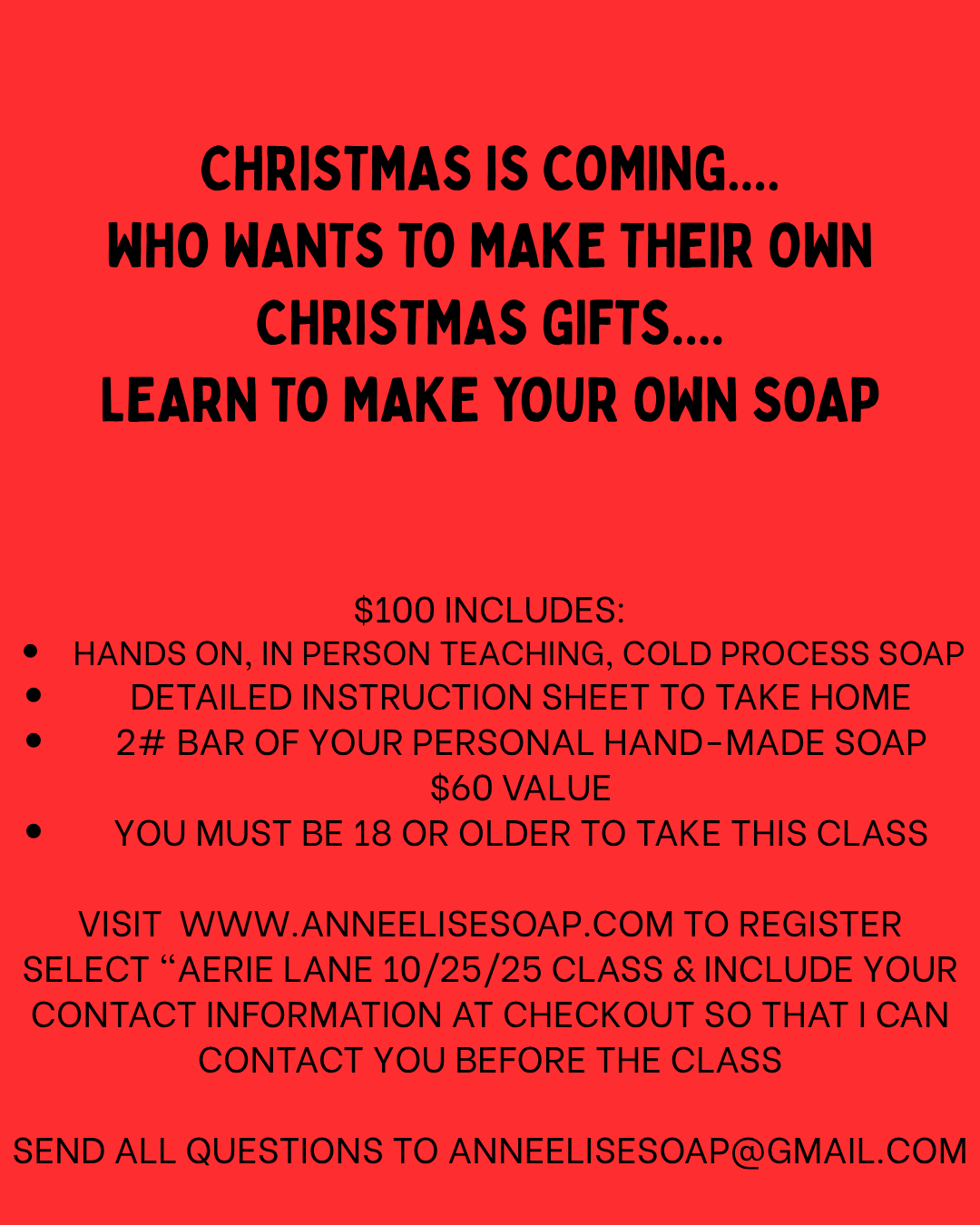 Aerie Lane Class: October 25, 2-4pm. *18 or older