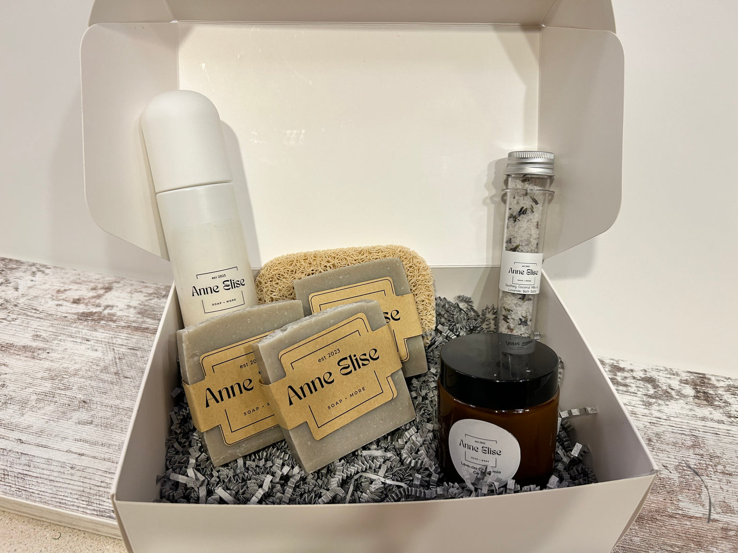 Gift box- Lotion, Candle, Bath Salts, 3 bars of soap, & soap saver