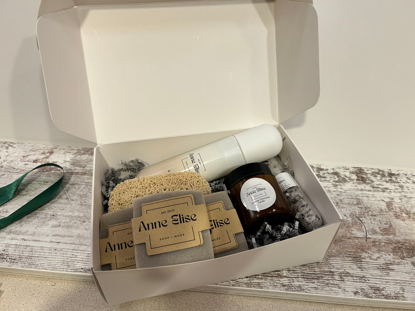 Gift box- Lotion, Candle, Bath Salts, 3 bars of soap, & soap saver