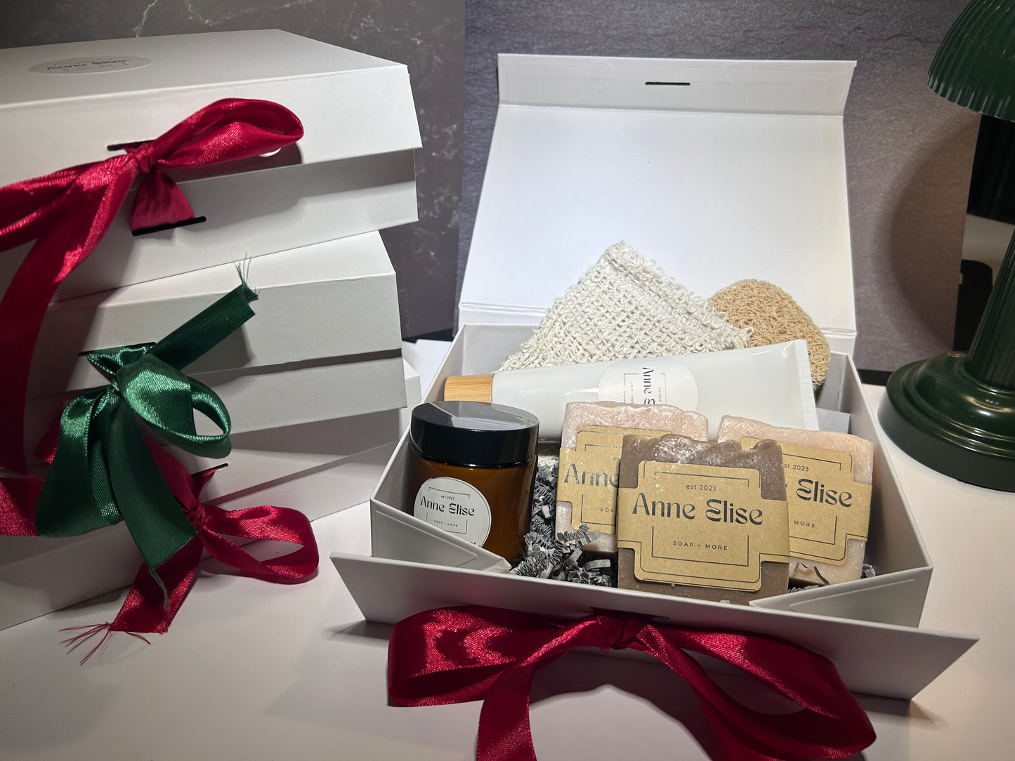 Gift box- Lotion, Candle, 3 bars of soap, exfoliating bag & soap saver-  you choose the scent of soap and lotion or we will pick for you