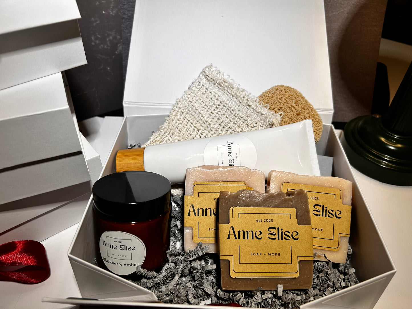 Gift box- Lotion, Candle, 3 bars of soap, exfoliating bag & soap saver-  you choose the scent of soap and lotion or we will pick for you