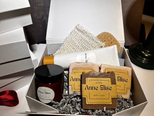 Gift box- Lotion, Candle, 3 bars of soap, exfoliating bag & soap saver-  you choose the scent of soap and lotion or we will pick for you