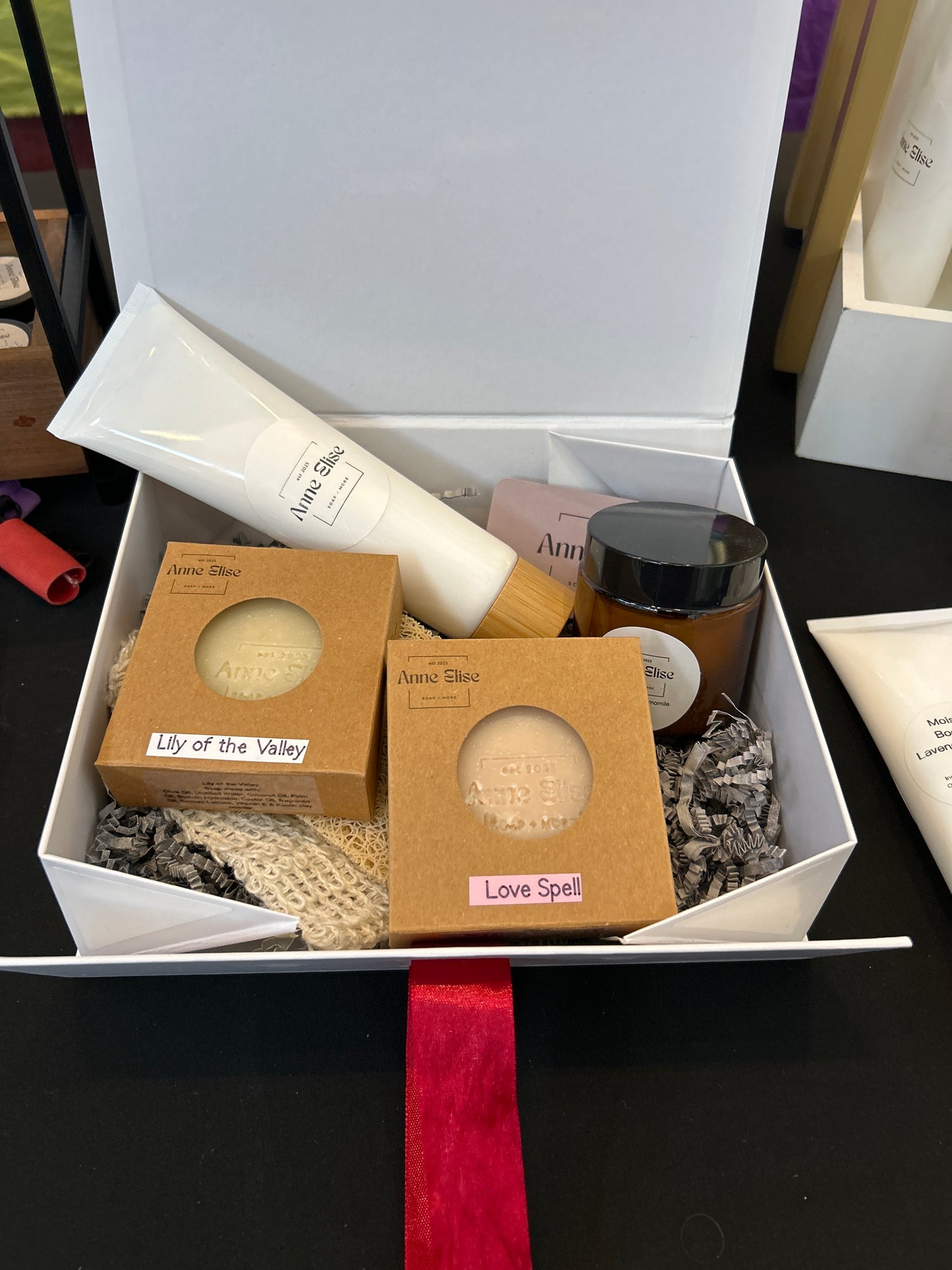 Gift box- Lotion, Candle, 2 bars of soap, exfoliating bag & soap saver-  you choose the scent of soap and lotion or we will pick for you