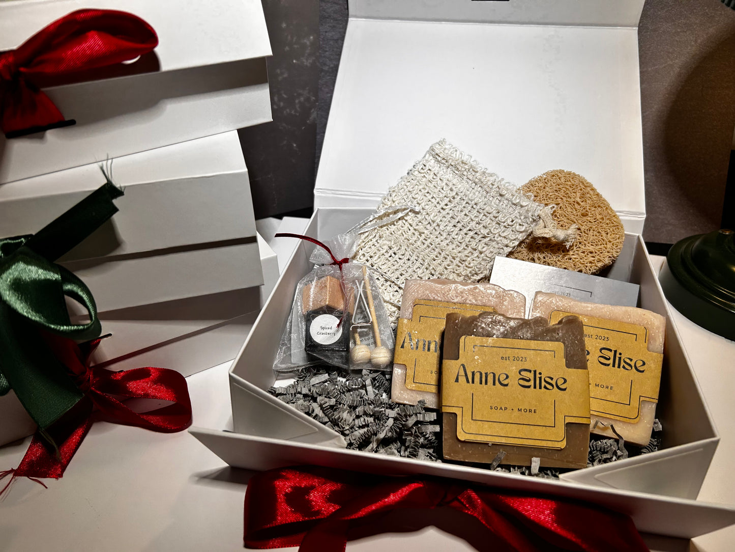 Gift box- 3 bars of soap, exfoliating bag, soap saver & car air freshener